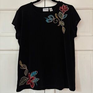 Chico's Travelers Size 3 Black Floral Embroidered Women's Top Blouse Chicos‎ XL